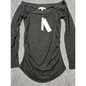 Red Haute Sweater Womens Small Black Bedazzled Shore Metallic Off Shoulder‎ Top